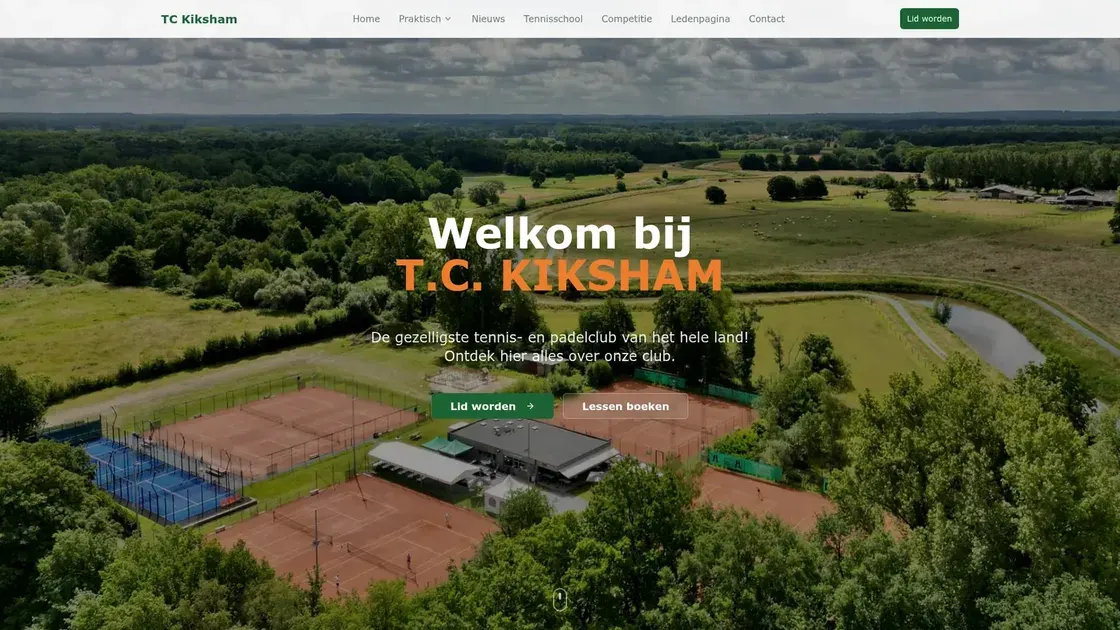 Screenshot van de website van Tennisclub Kiksham